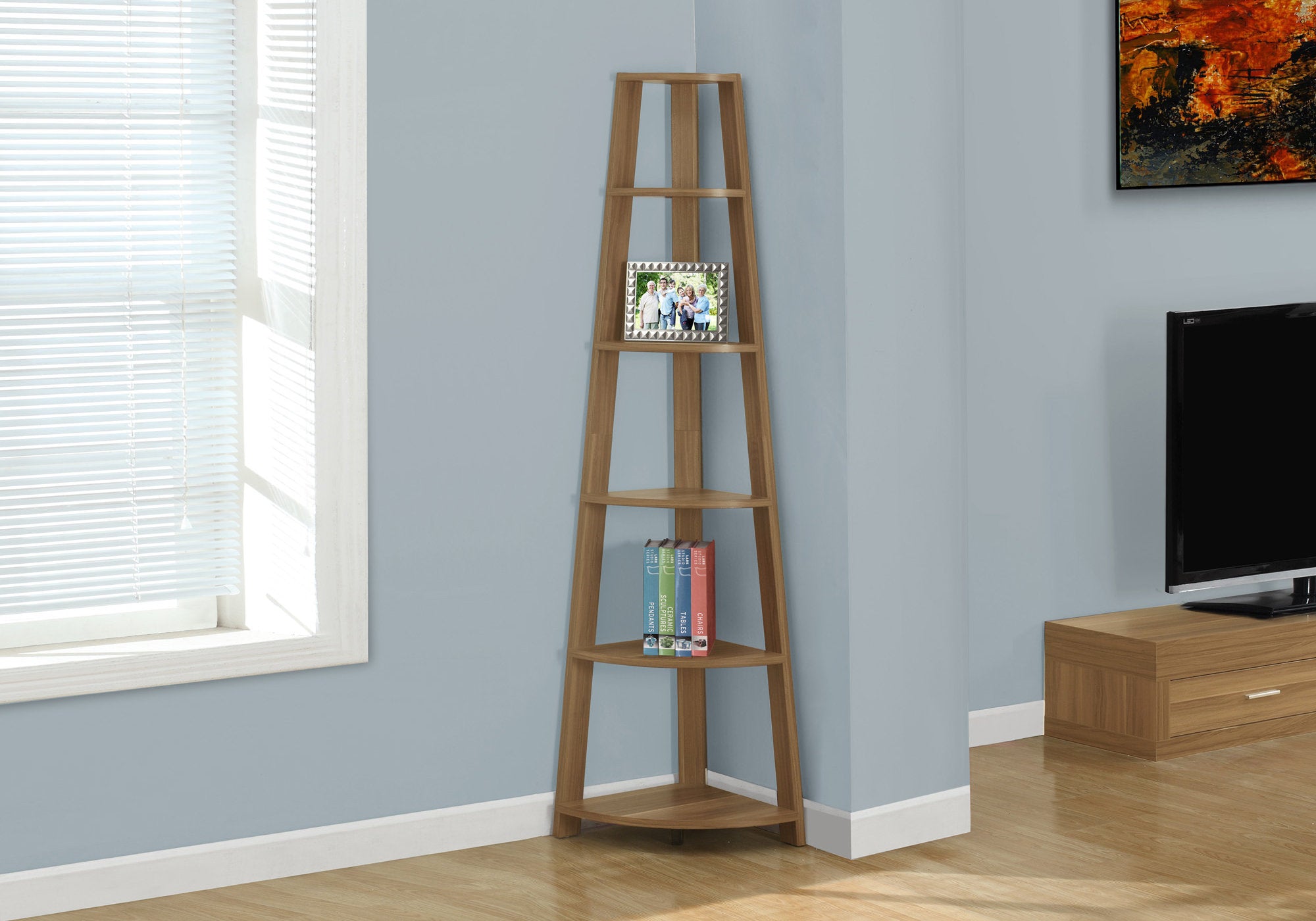 72" Walnut Particle Board, Laminate, and MDF Corner Bookshelf