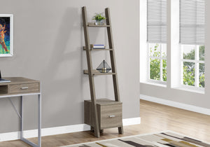 69" Dark Taupe Particle Board Ladder Bookcase with a Storage Drawer