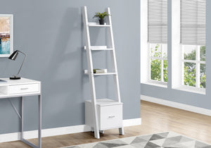 69" White Particle Board Ladder Bookcase with a Storage Drawer