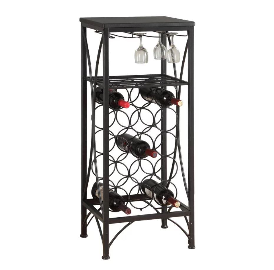 12.5" x 16.25" x 40.5" Black, Metal, Wine Bottle and Glass Rack - Home Bar