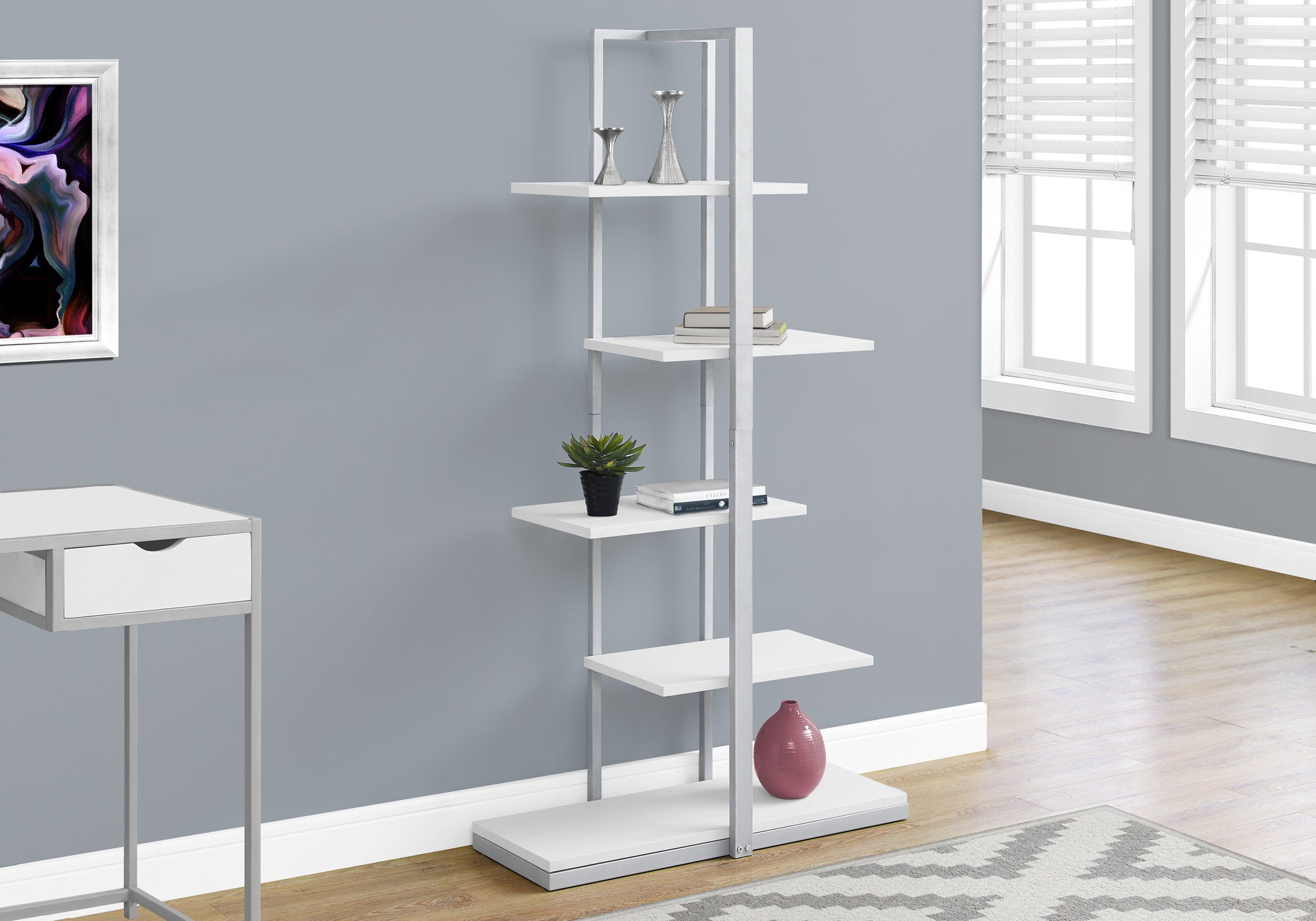 60" White MDF and Silver Metal Bookshelf