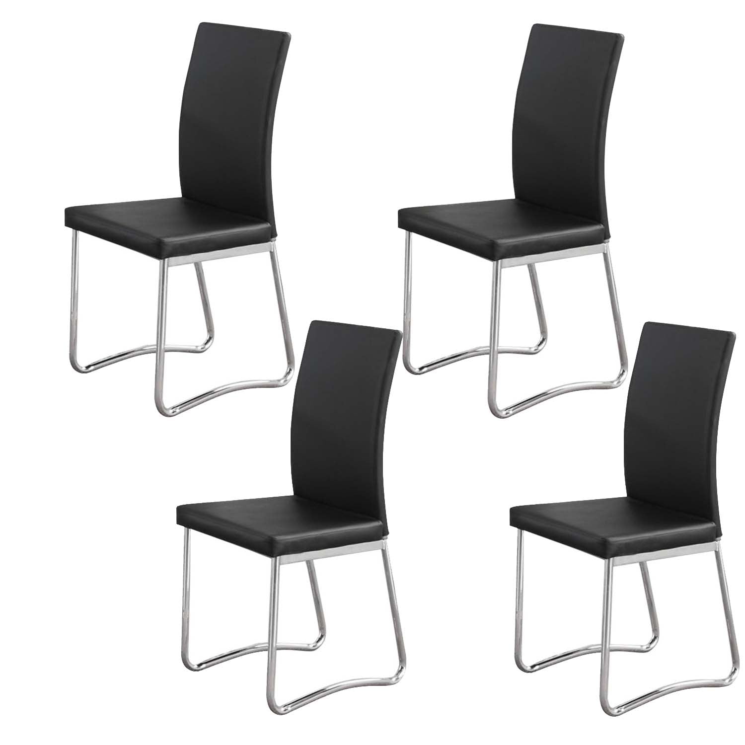 Leatherette Upholstered Padded Dining Chair with Tubular Metal Legs, Set of Four, Black and Silver