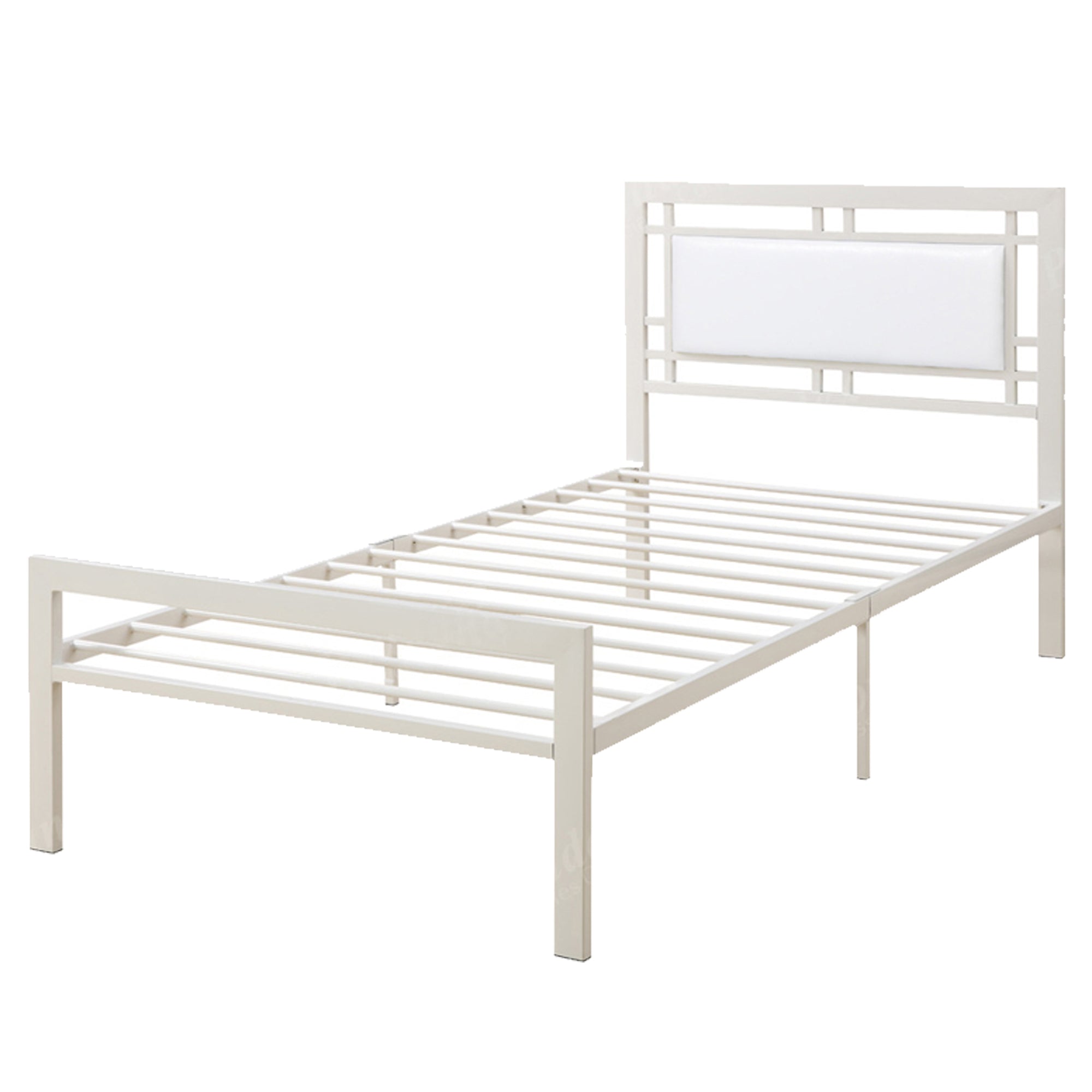 Metal Frame Twin Bed With Leather Upholstered Headboard, White