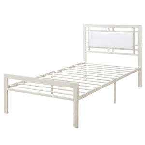 Metal Frame Twin Bed With Leather Upholstered Headboard, White