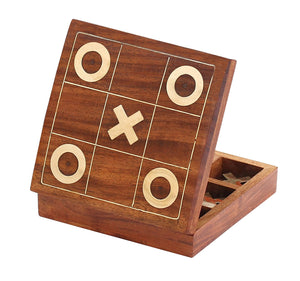 Handmade Tic Tac Toe XO Board Game With Metal Noughts and Crosses, Brown & Gold