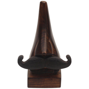 Hand Carved Wooden Nose Shaped Spectacle Holder With Mustache, Brown