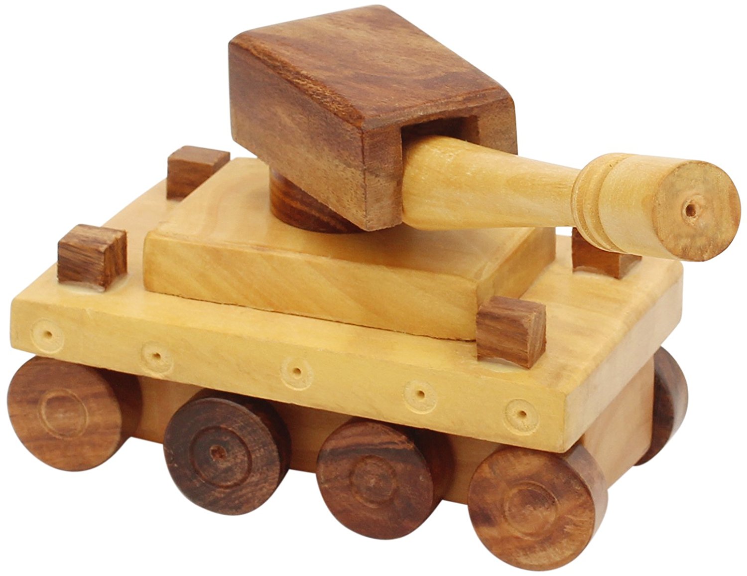 Handmade Wooden Tank Toy With Movable Wheels and Turret, Brown