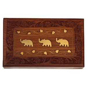 Decorative Wooden Jewelry/ Trinket Box With Brass Elephant Inlay , Brown