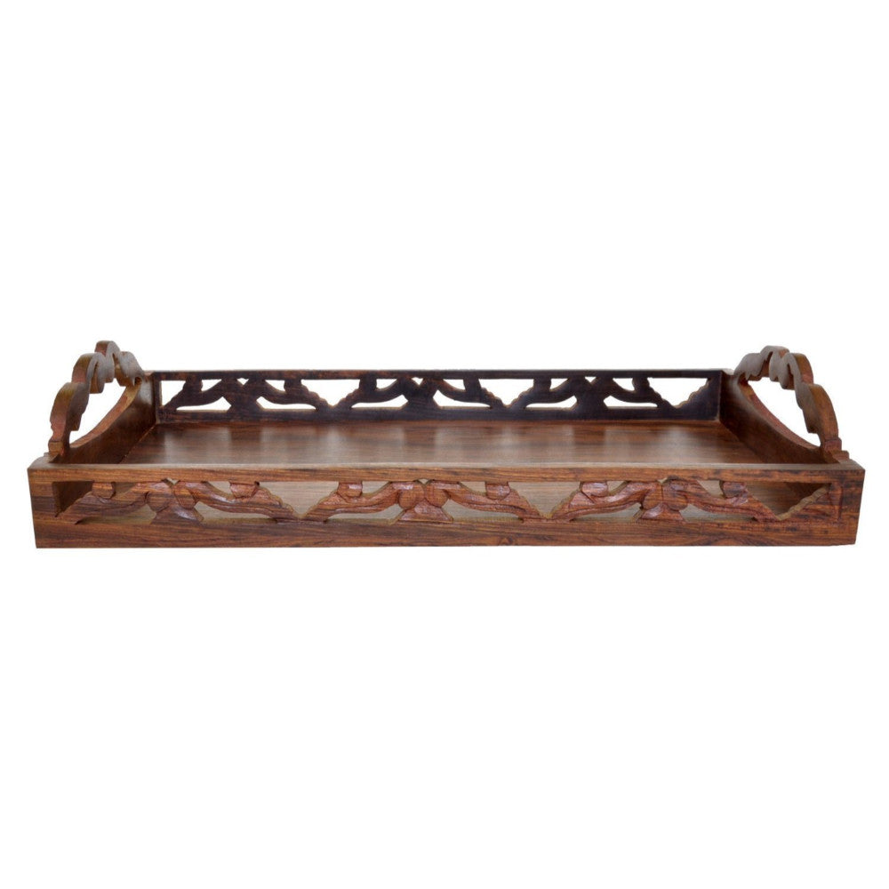 Handmade Mango wood Ottoman Tray/Serving Tray With Cutwork Handles, Brown