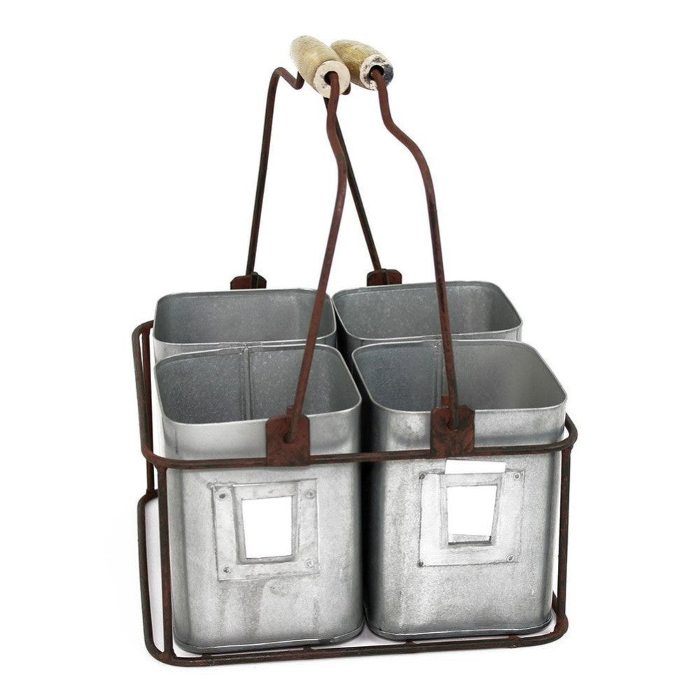 Galvanized Metal Four Tin Organizer With Handles, Gray