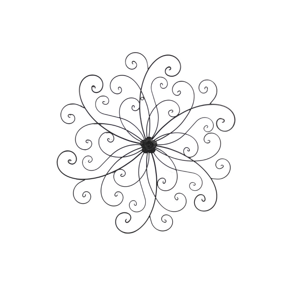 Metal Flower Wall Decor With Scroll Design, Black