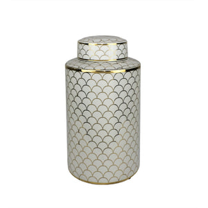 Ceramic Covered Jar, White/Gold