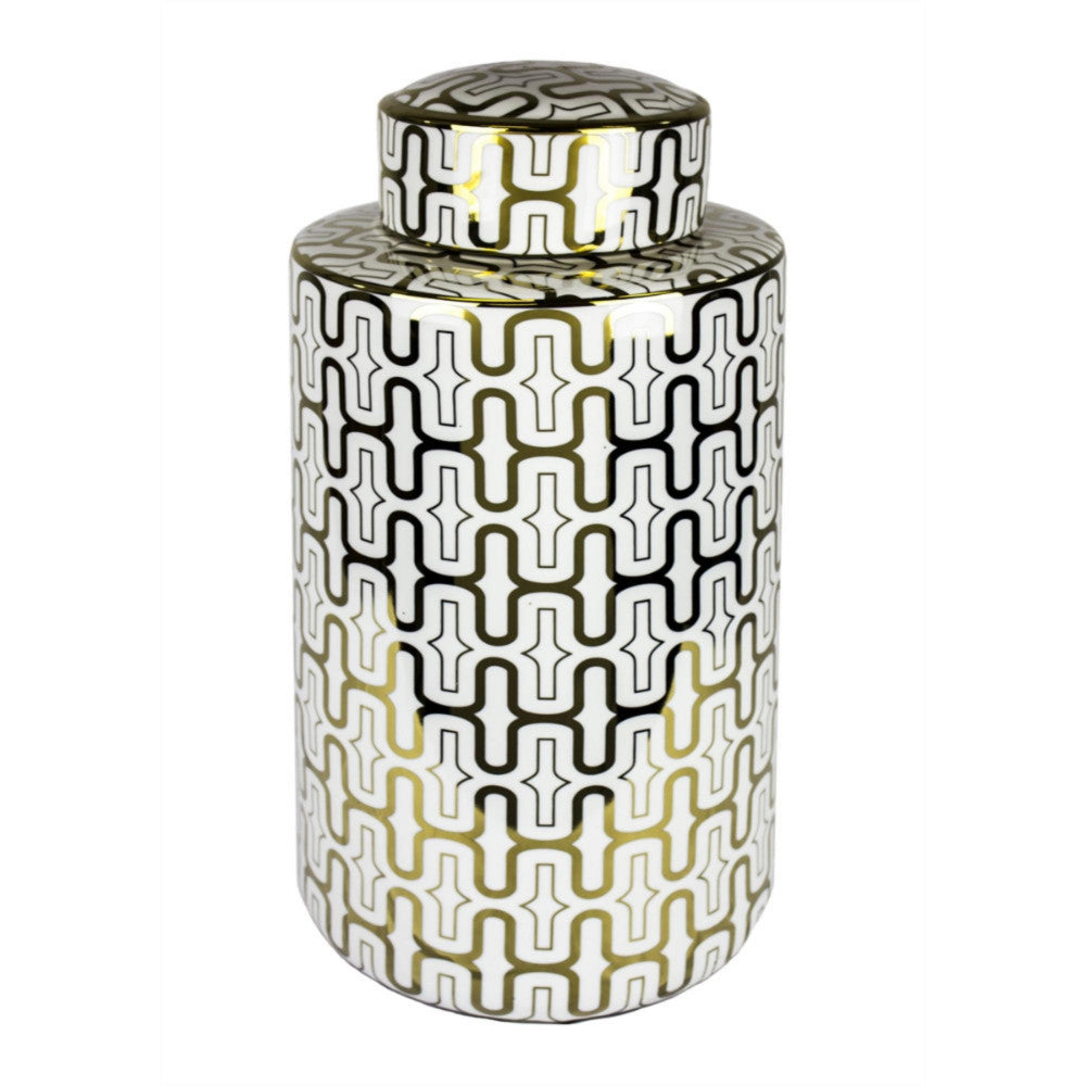 Ceramic Covered Jar, White/Gold