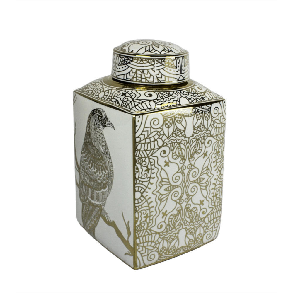 Ceramic Covered Jar Wth Hawk Motif, White/Gold