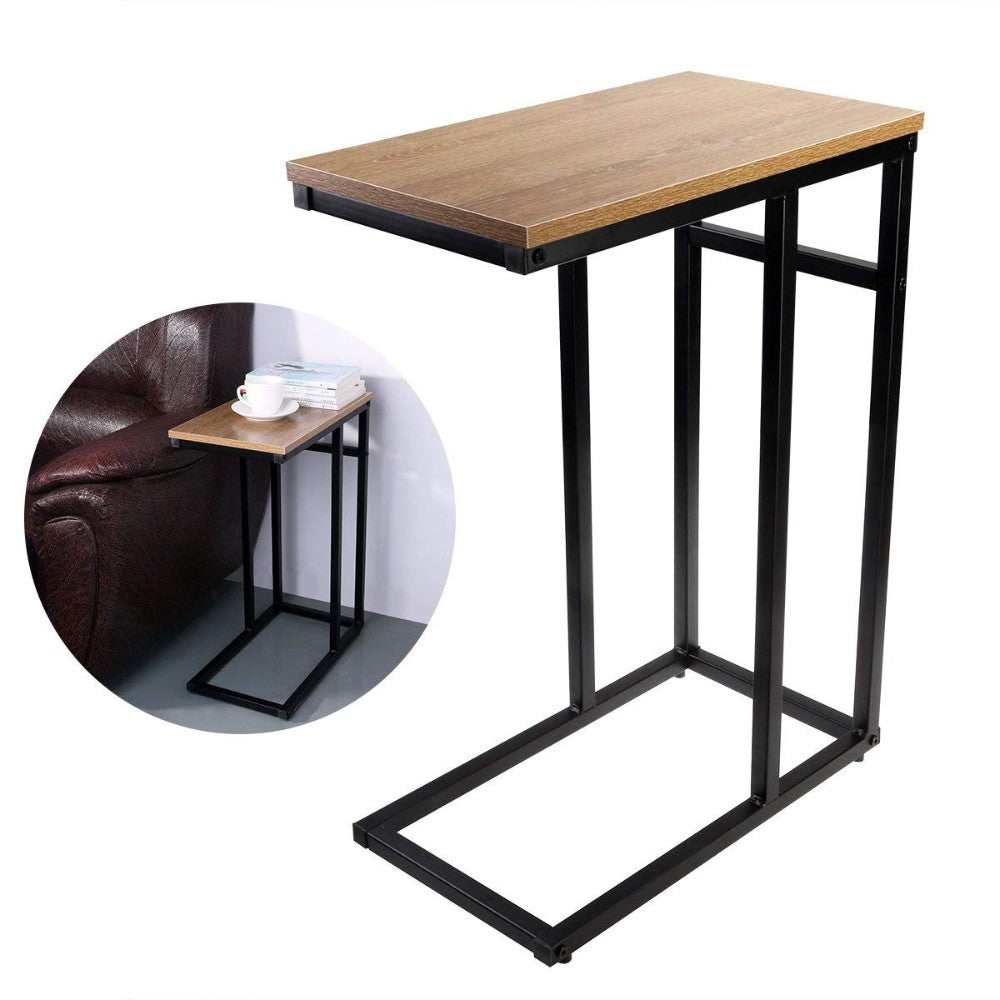 Smooth Top Snack Side End Table With Iron Framed Base, Natural Brown And Black