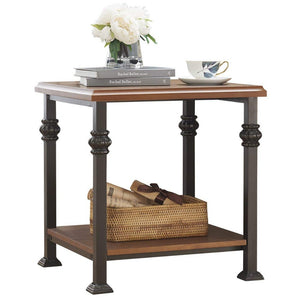 Wood And Iron Side End Table With Lower Shelve, Oak Brown