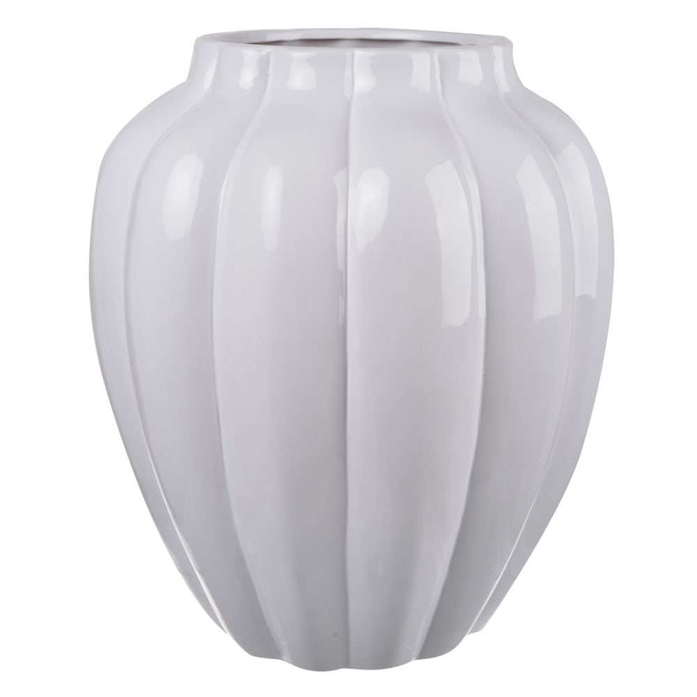 Ribbed Ceramic Vase With Narrow Bottom, White