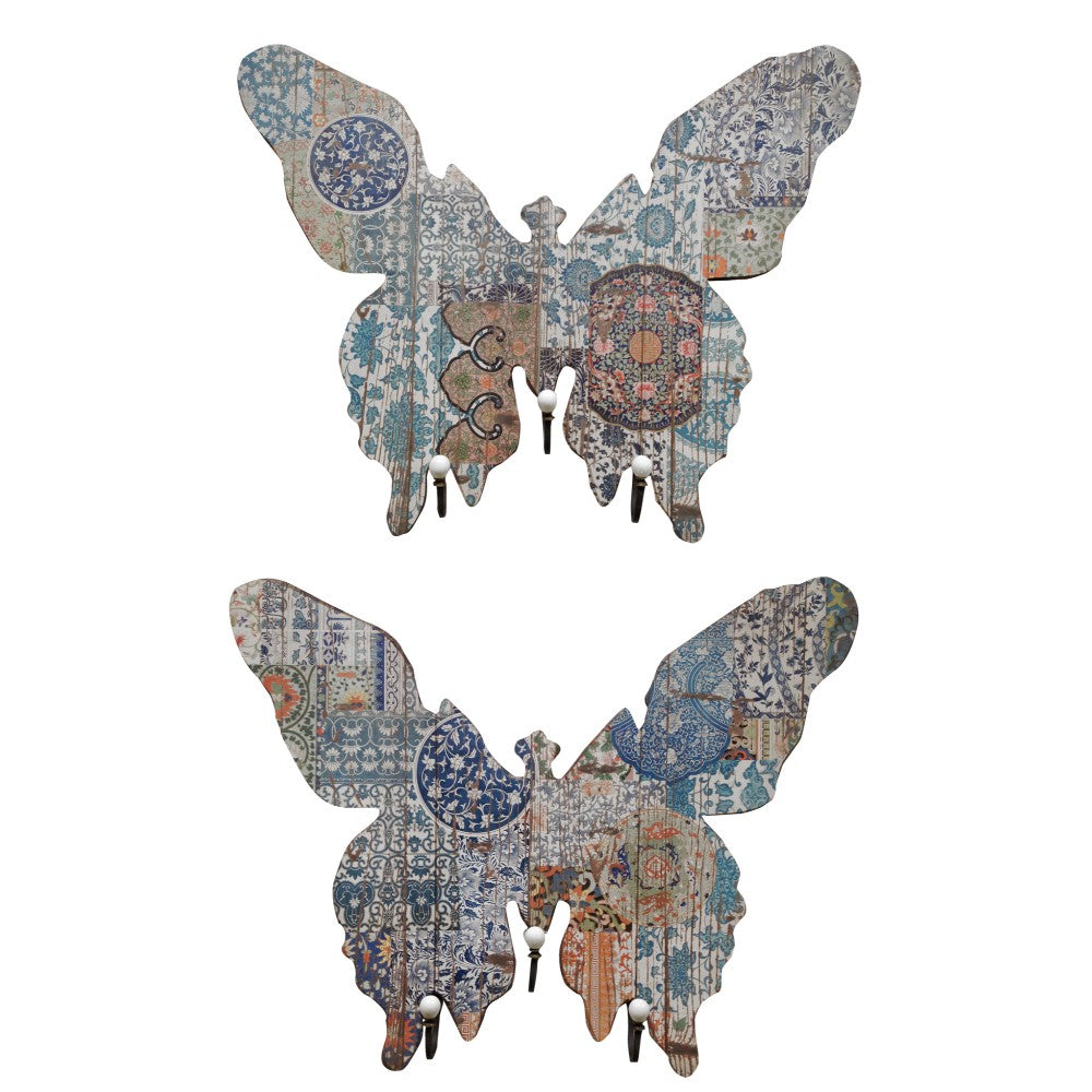 Butterfly Shape MDF and Metal Wall Decor With 3 Hooks, Multicolor, Set of 2