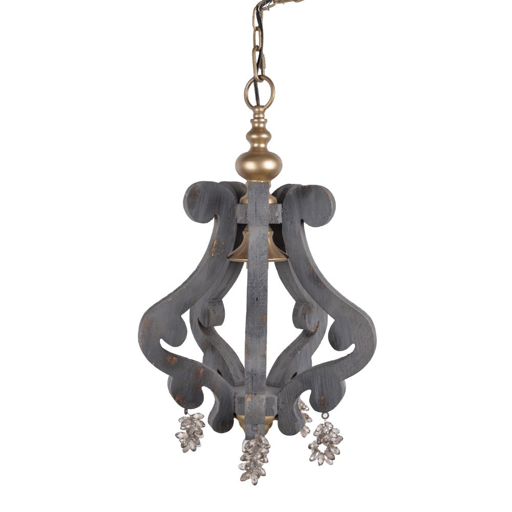 Wood and Iron Chandelier With Crystal Hanging, Gray & Gold