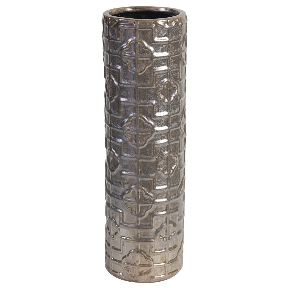 Cylindrical Terracotta Vase With Designer Outer Surface, Silver