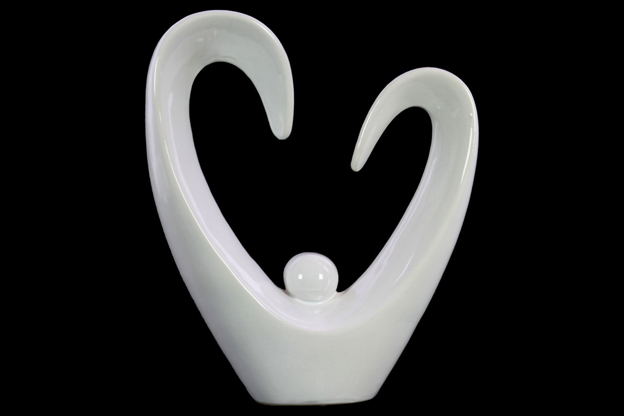 Open Heart Abstract Sculpture With Round Figurine In Center, Large, White