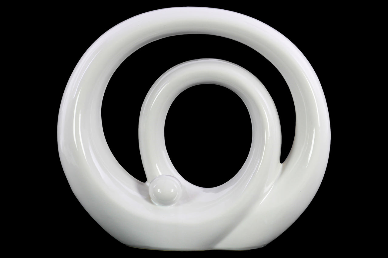 Double Circle Design Abstract Sculpture In Ceramic, Large, Glossy White