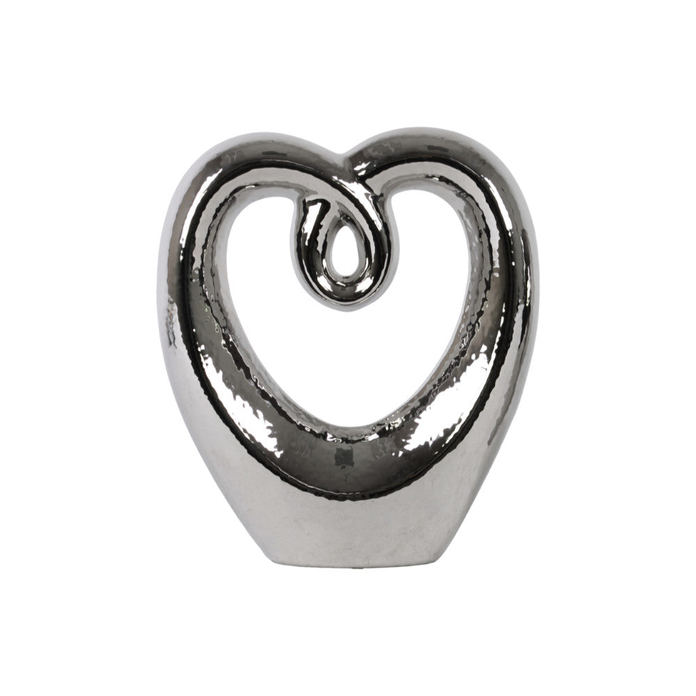 Heart Shape Abstract Sculpture In Ceramic, Large, Silver