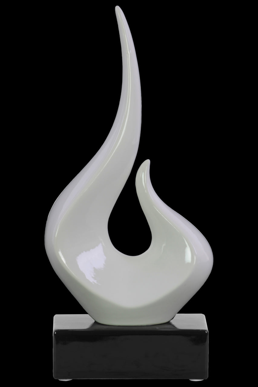 Abstract Swirl Sculpture on Black Rectangular Base In Ceramic, Glossy White