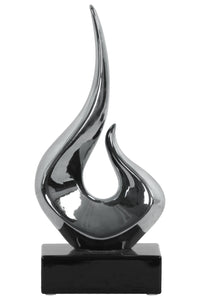 Abstract Swirl Sculpture on Black Rectangular Base In Ceramic, Silver