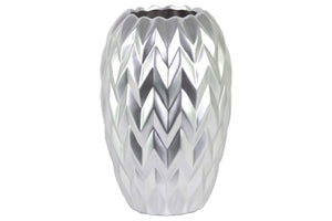 Round Ceramic Vase With Embossed Wave Design, Large, Matte Silver