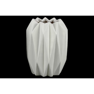 Geometric Patterned Ceramic Vase With Uneven Lip, Tall, Matte White