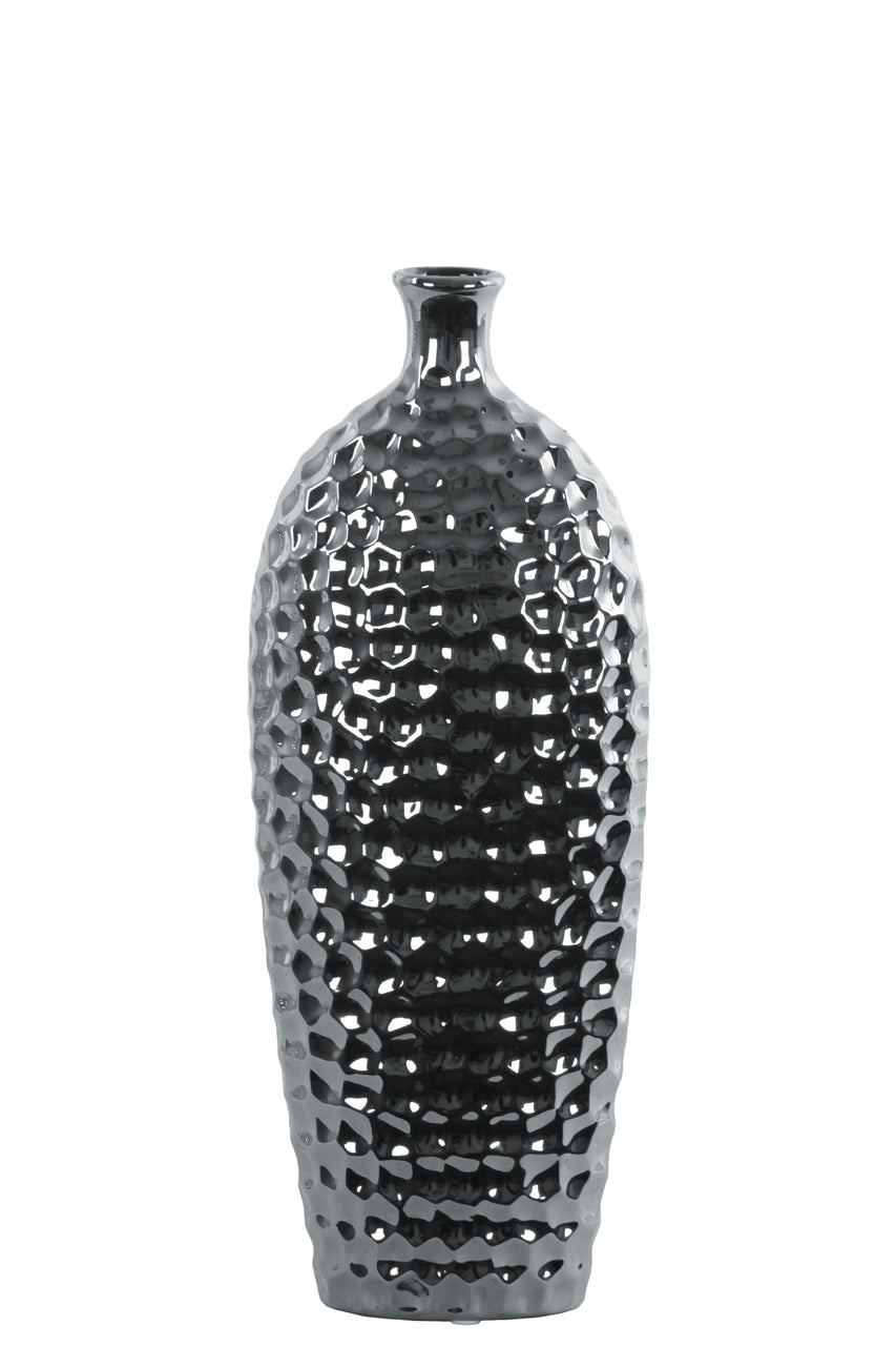 Honeycomb Patterned Ceramic Vase With Short Neck, Small, Silver