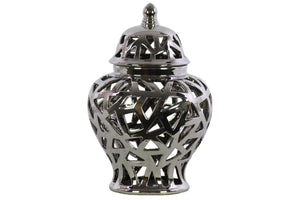 Ceramic Urn Vase With Triangular Cutout Design, Large, Silver