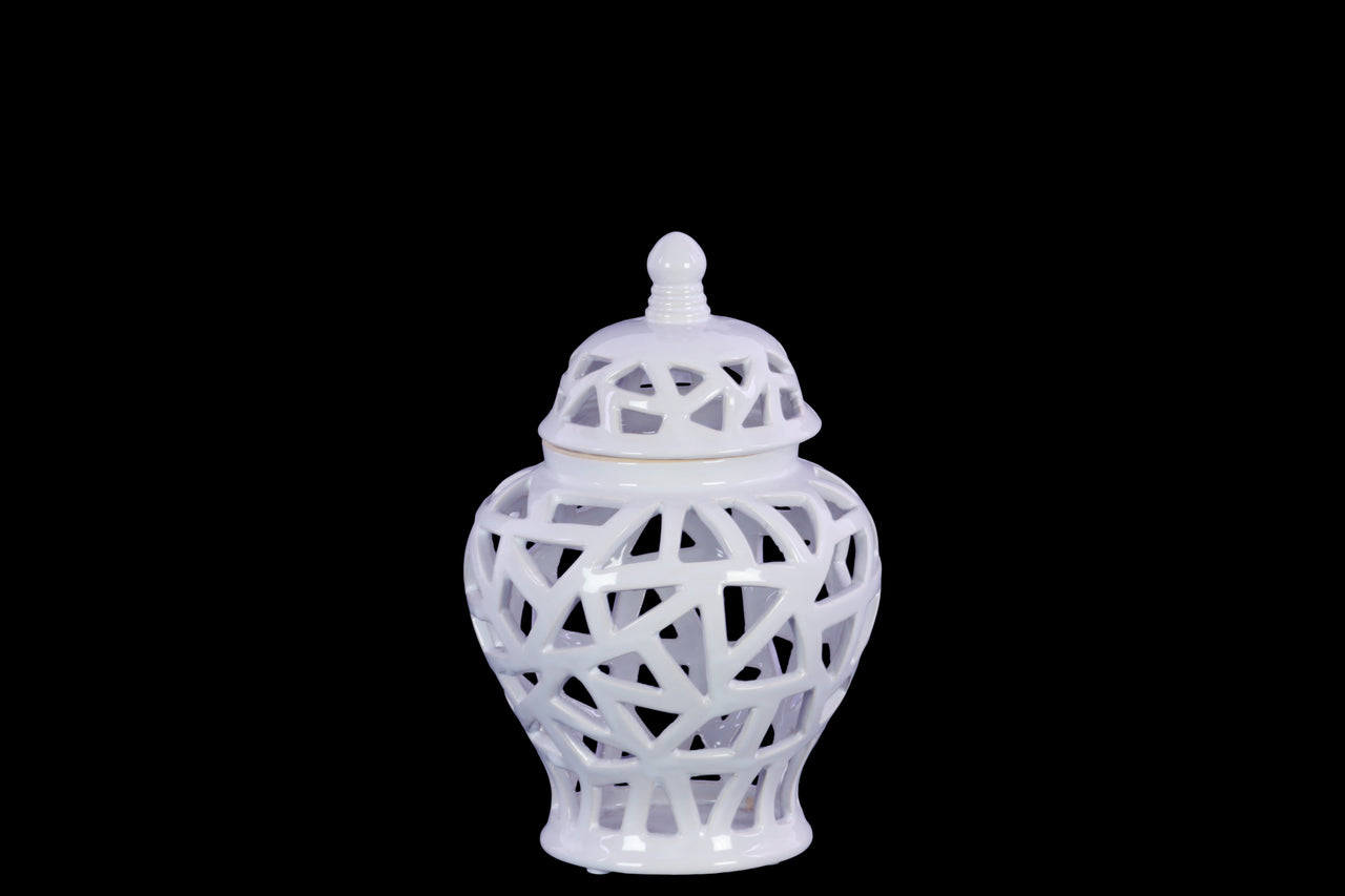 Ceramic Urn Vase With Triangular Cutout Design, Small, White