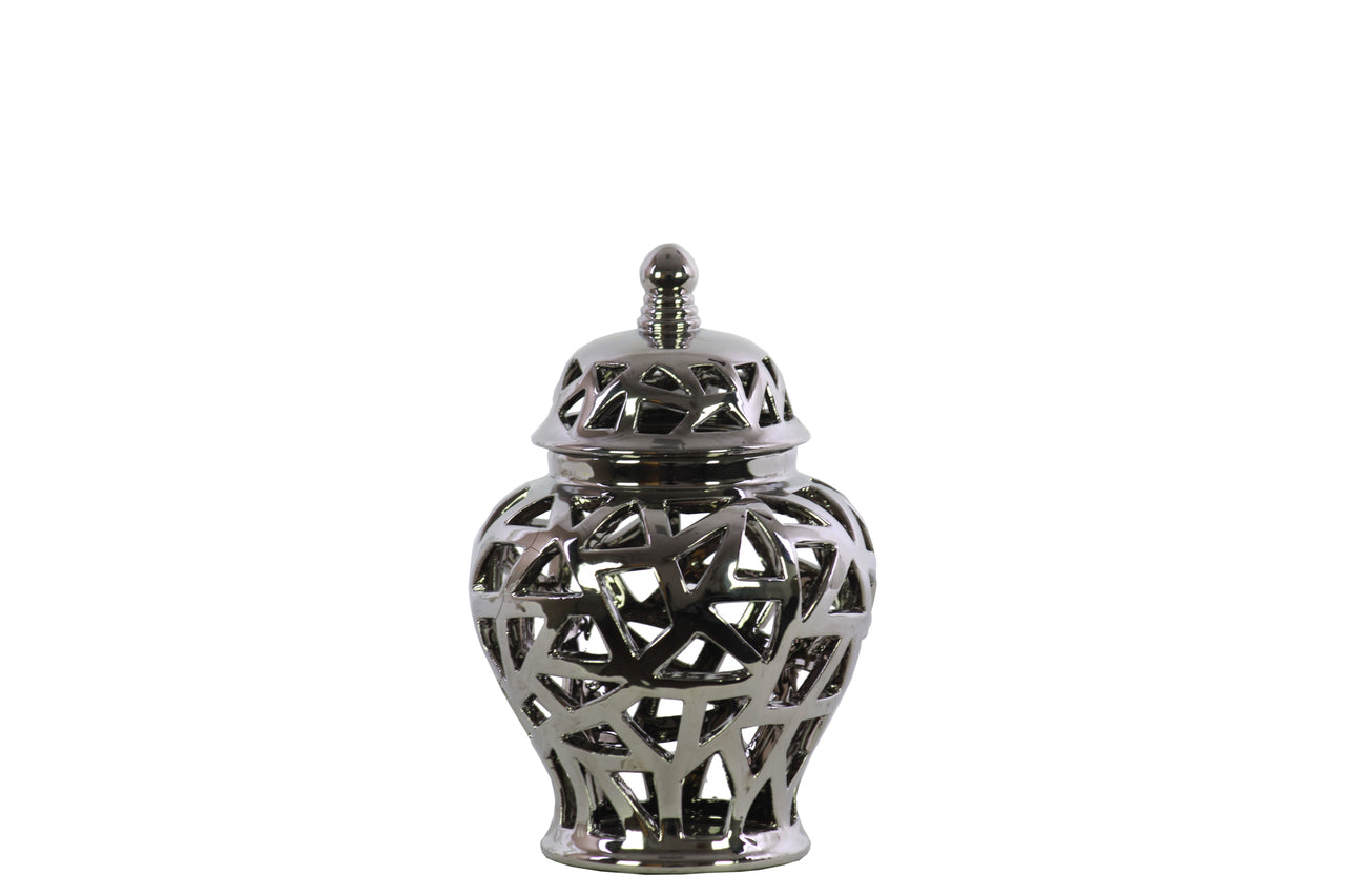 Ceramic Urn Vase With Triangular Cutout Design, Small, Silver