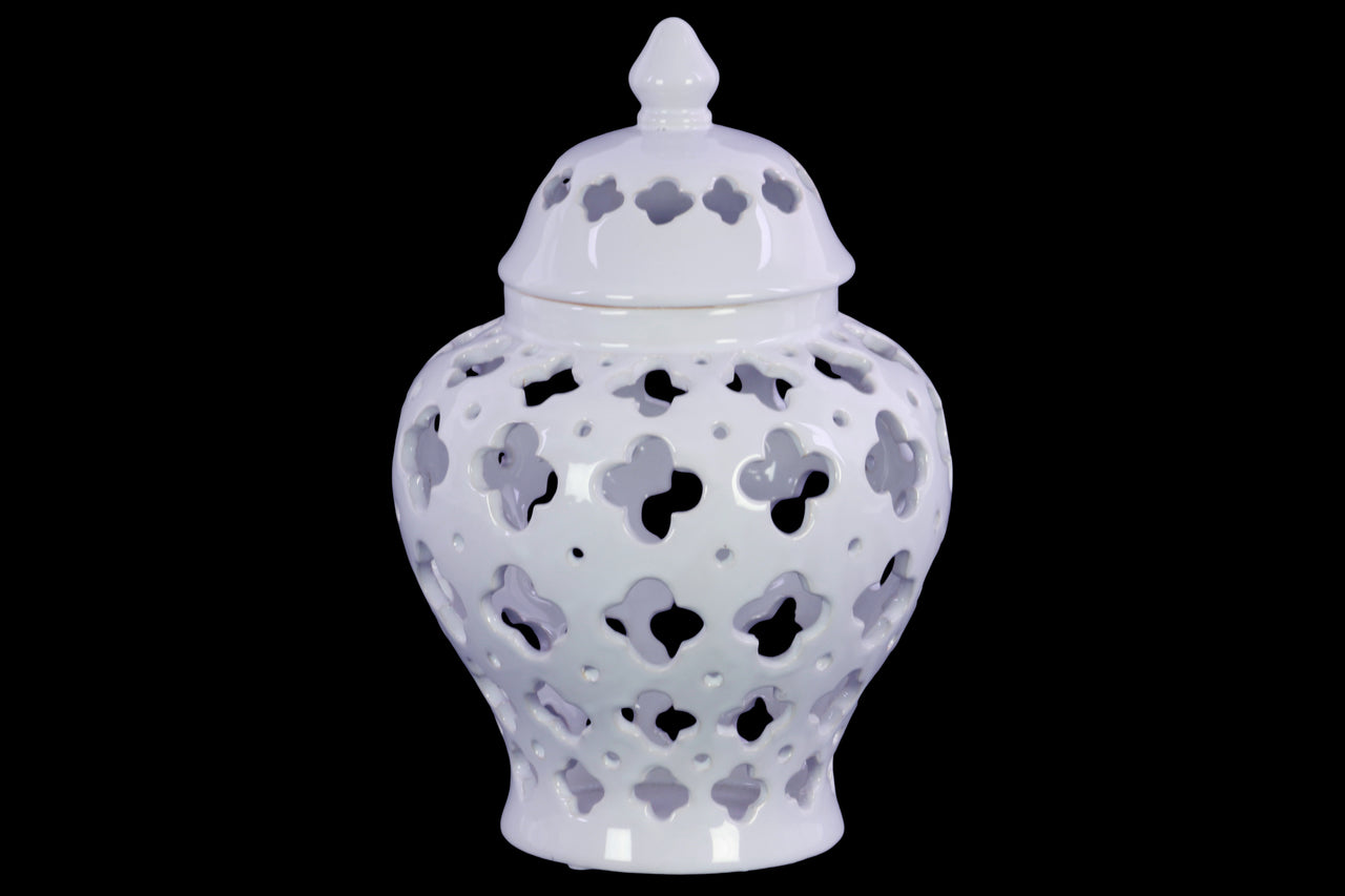 Cutout Quatrefoil Pattern Ceramic Urn Vase With Tapered Bottom, Large, White