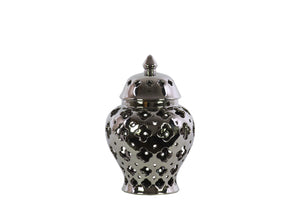 Cutout Quatrefoil Pattern Ceramic Urn Vase With Tapered Bottom, Small, Silver