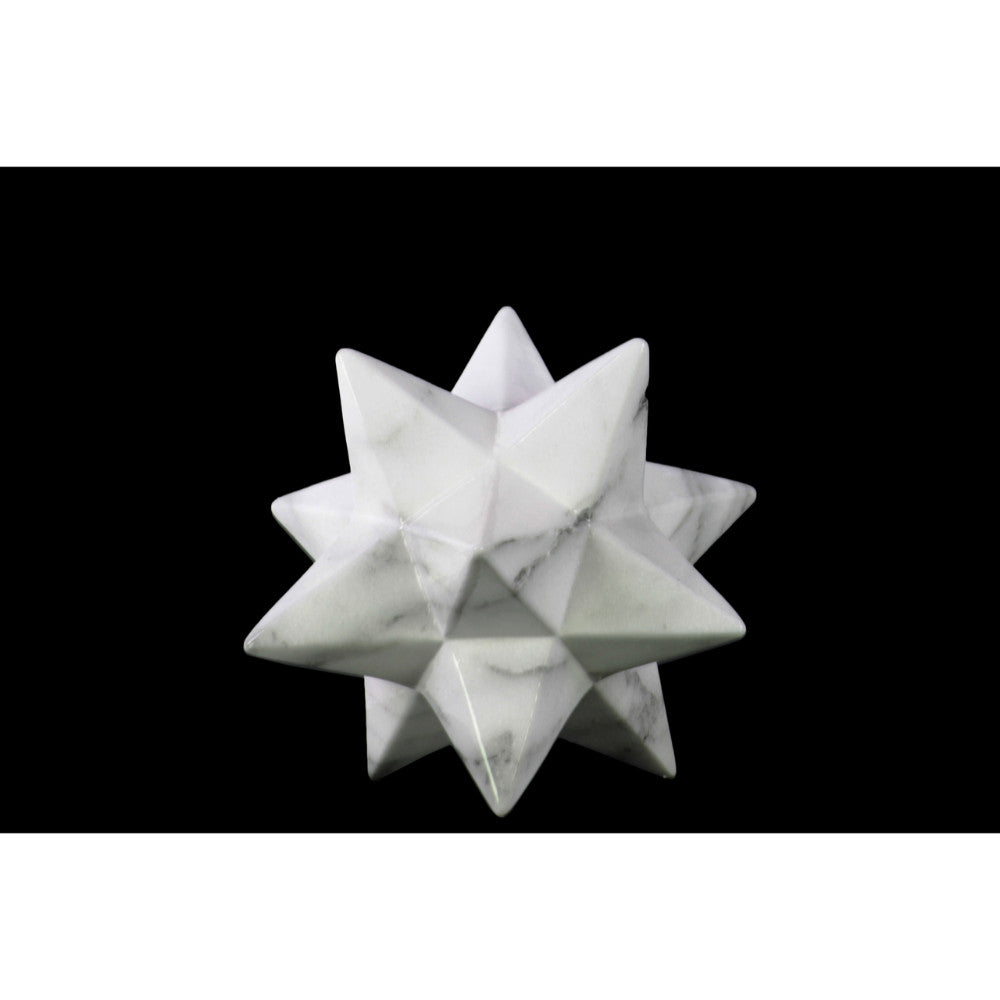 Marbleized 12 Point Stellated Sculpture In Ceramic, Small, White