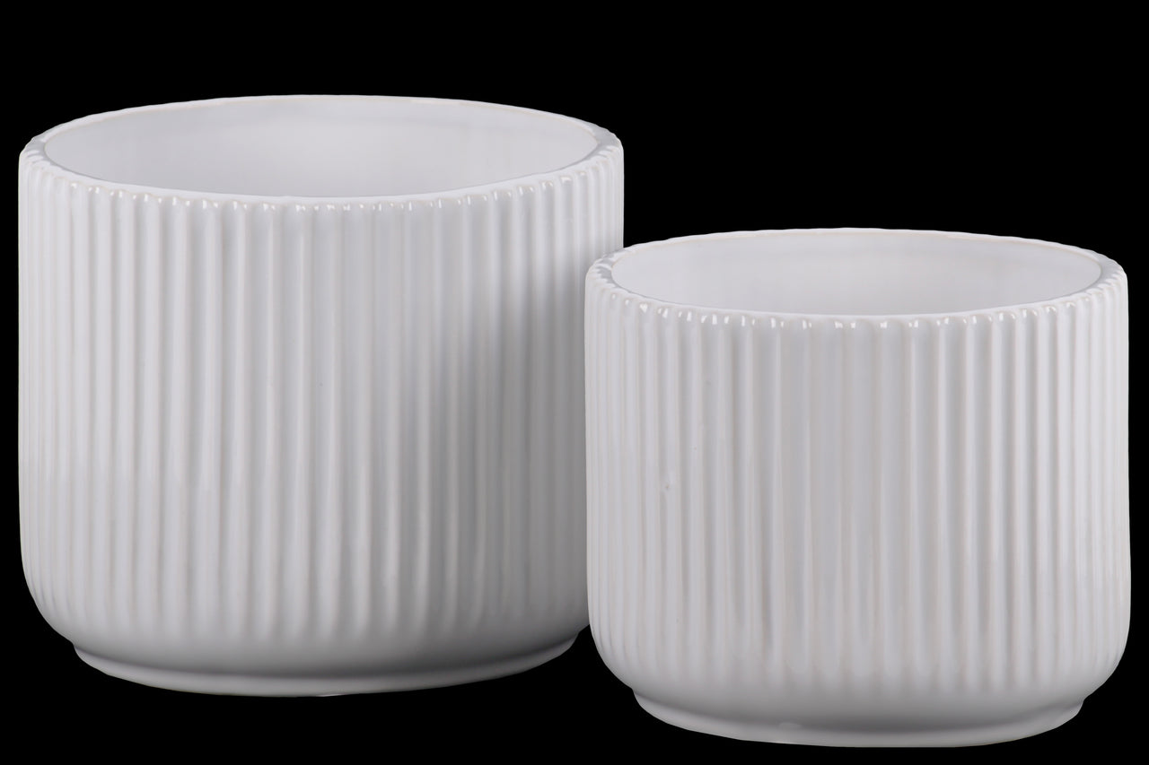 Ribbed Patterned Ceramic Pot With  Tapered Bottom, Glossy White, Set of 2