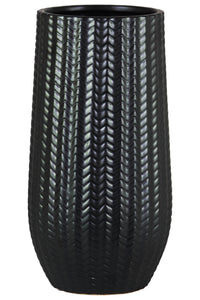 Cylindrical Stoneware Vase With Engraved Zigzag Design, Large, Black