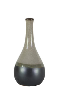 Bellied Stoneware Vase With Black Banded Rim, Small, Glossy Gray