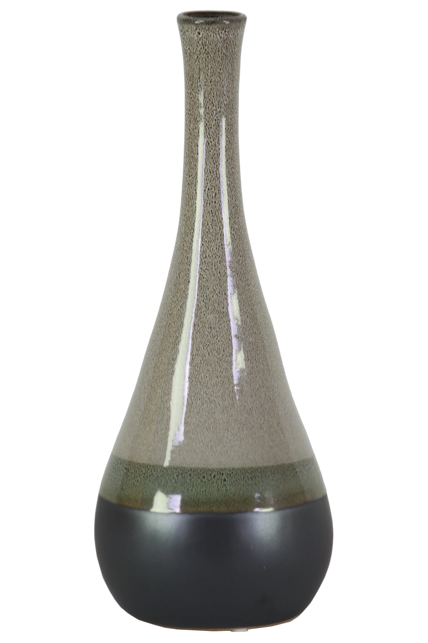 Bellied Stoneware Vase With Black Banded Rim, Large, Glossy Gray