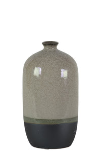 Stoneware Bottle Vase With Black Banded Rim Bottom, Small, Glossy Gray