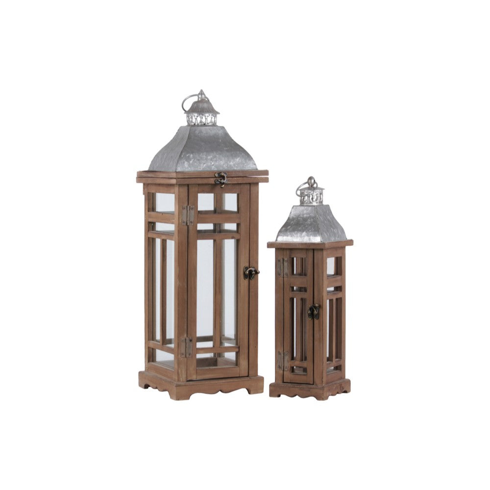 Traditional Wooden Lantern With Galvanized Top, Set Of 2, Natural Brown