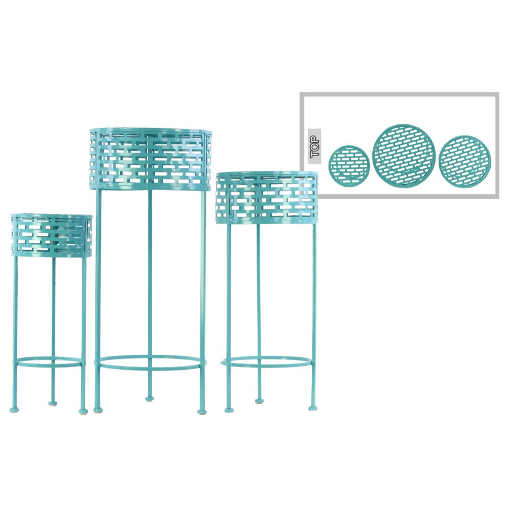 Round Shaped Metal Plant Stand With 3 Legs, Set Of 3, Blue