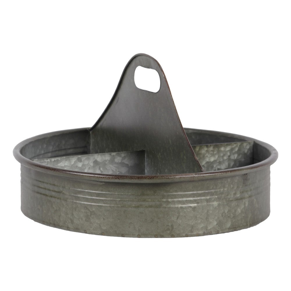 Metal Round Tray with 4 Slots and Cutout Handle, Galvanized Gray