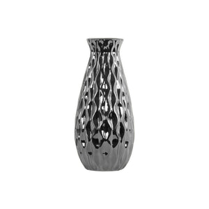 Ceramic Round Bellied Vase with Embossed Wave Design Body, Silver