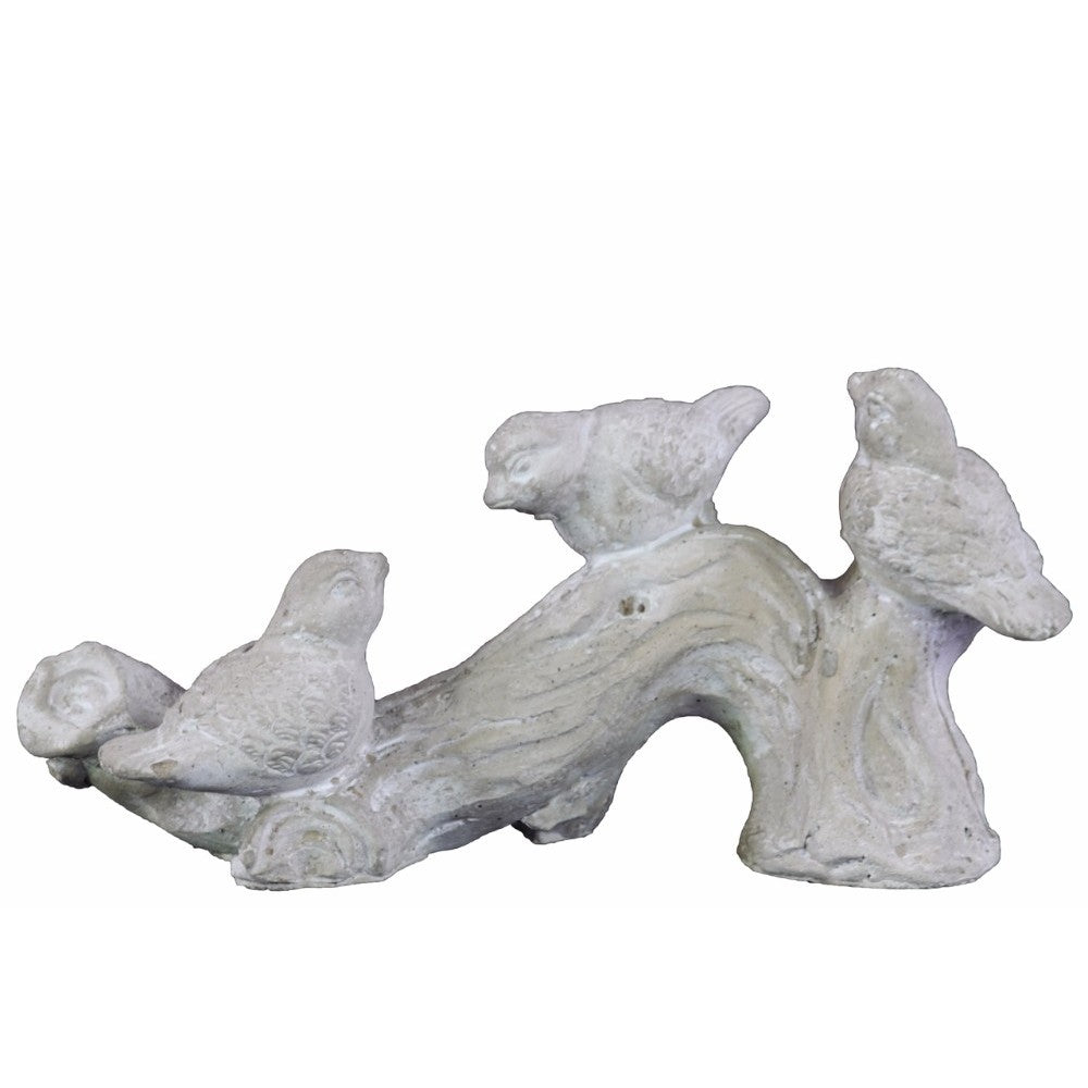 Cemented Tree Branch Sculpture with 3 Mounted Bird Figurines, Washed White