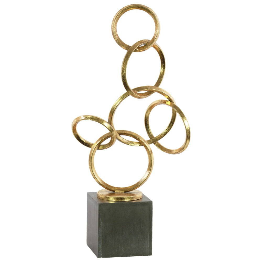 Metal Abstract Interlocking Circles Sculpture on Square Base, Gold