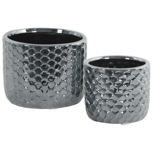 Ceramic Round Vase With Honeycomb Pattern, Set Of 2, Silver